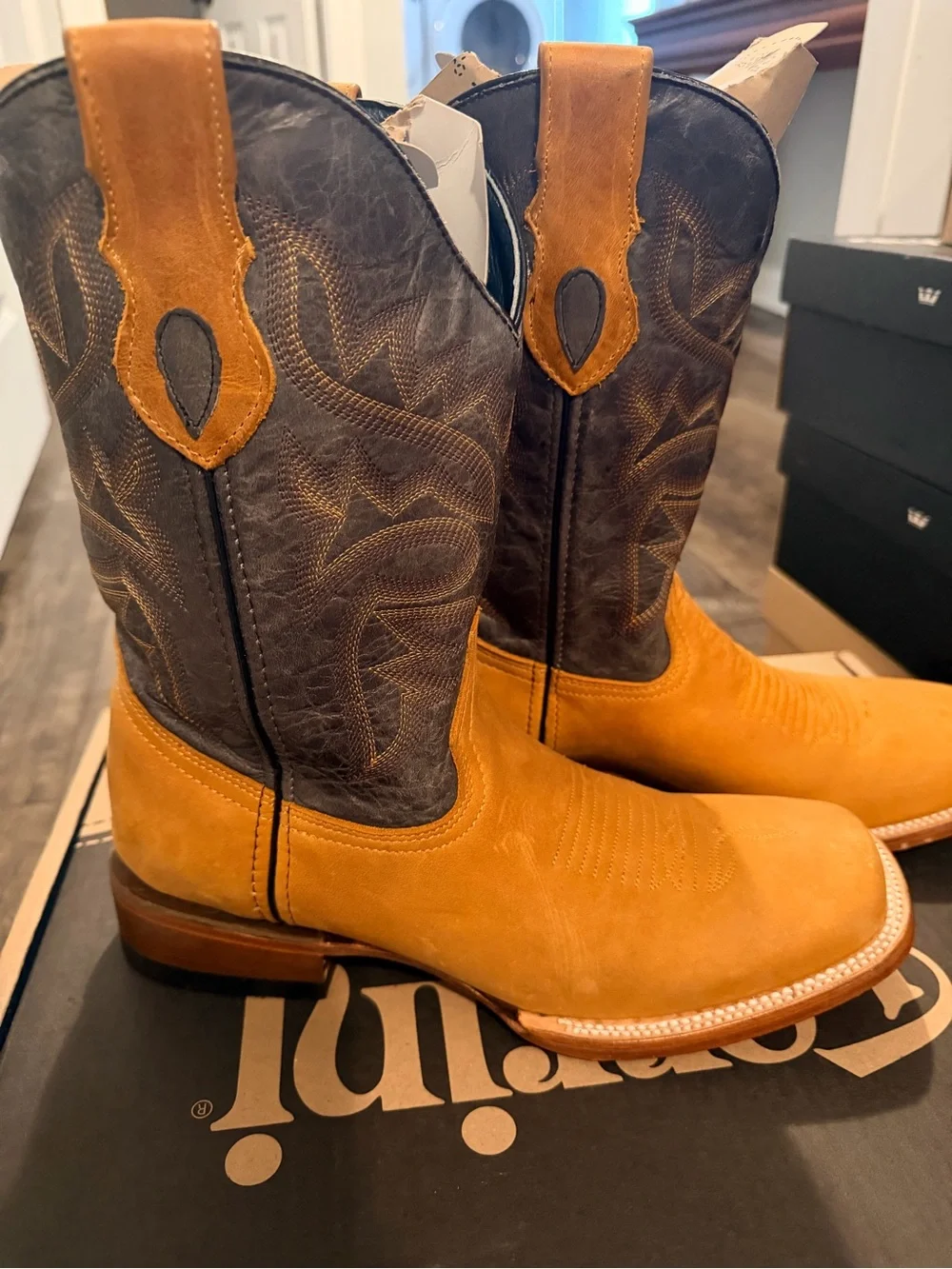 Ferrini Two-Tone Western Suede Boot in Tan and Dark Brown